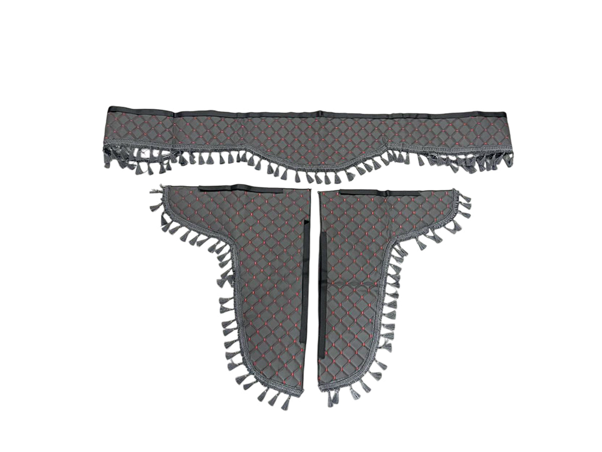 Jeu de rideaux à franges en cuir, 3 pièces, gris avec surpiqûres rouges pour intérieurs de véhicules