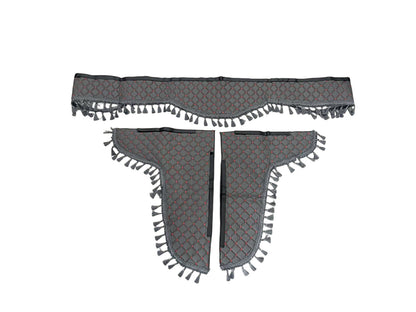 Jeu de rideaux à franges en cuir, 3 pièces, gris avec surpiqûres rouges pour intérieurs de véhicules