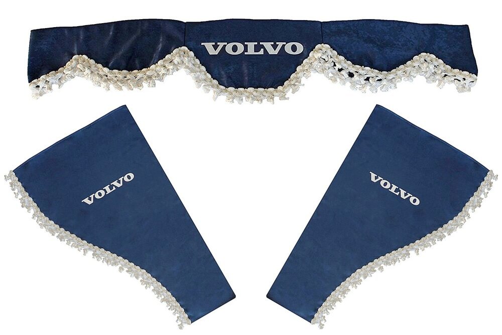 Jeu de rideaux pour camion adapté pour camions Volvo – 3 pièces, bleu, lambrequin avant 220 x 15 cm, rideaux latéraux 55 x 90 cm