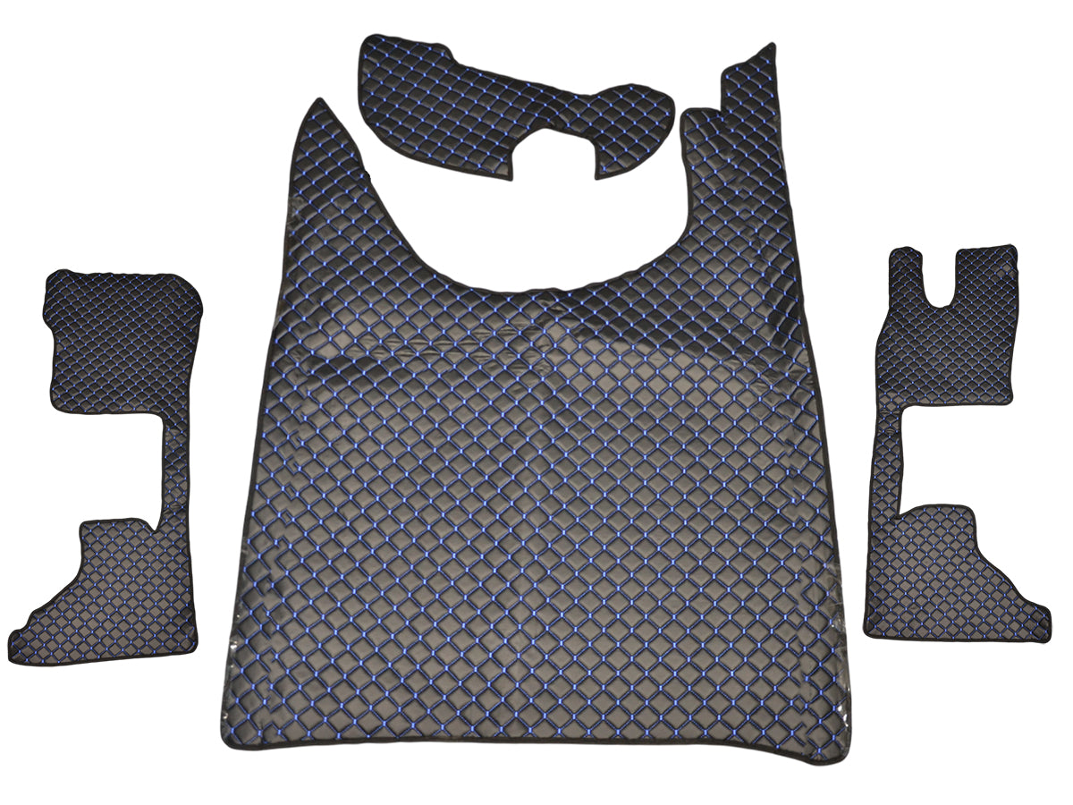 Tapis de sol en cuir synthétique noir adaptés pour DAF XG+ – Couture bleue, siège passager pneumatique, conduite à droite (à partir de 10.2021)