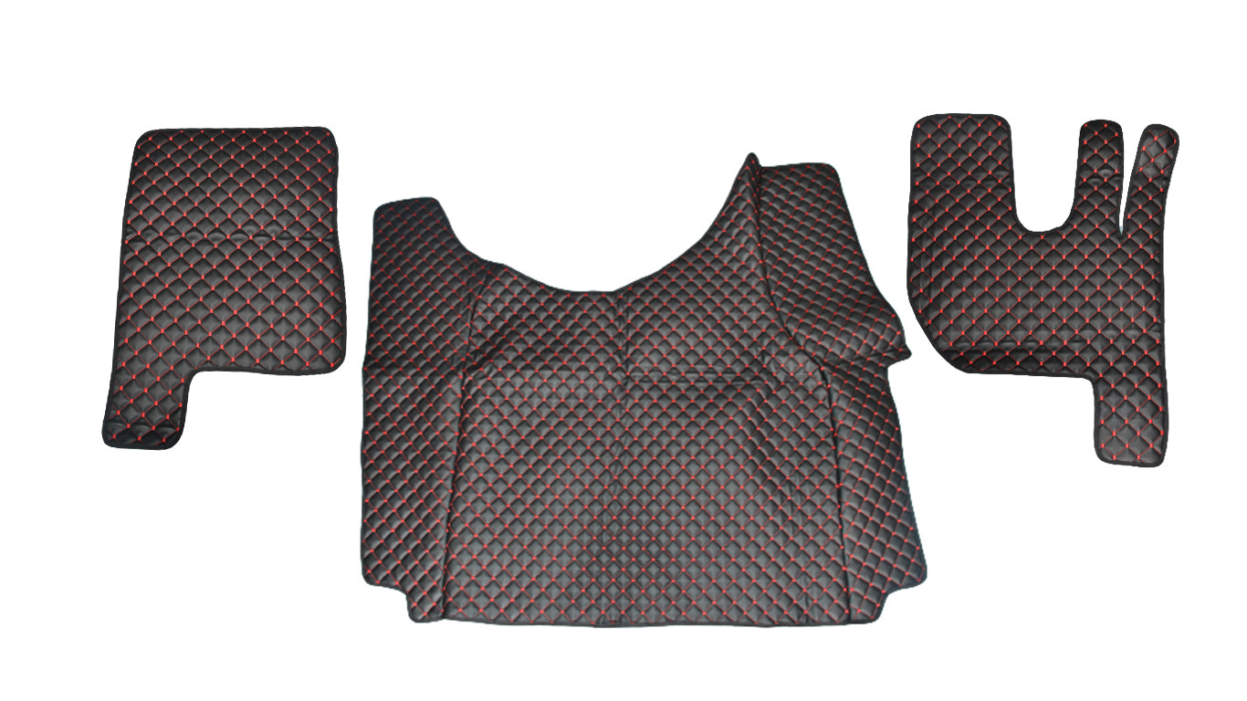 Tapis de sol en cuir synthétique (éco-cuir) noir – adapté pour Renault Gama T Tunnel, conduite à droite, surpiqûres rouges