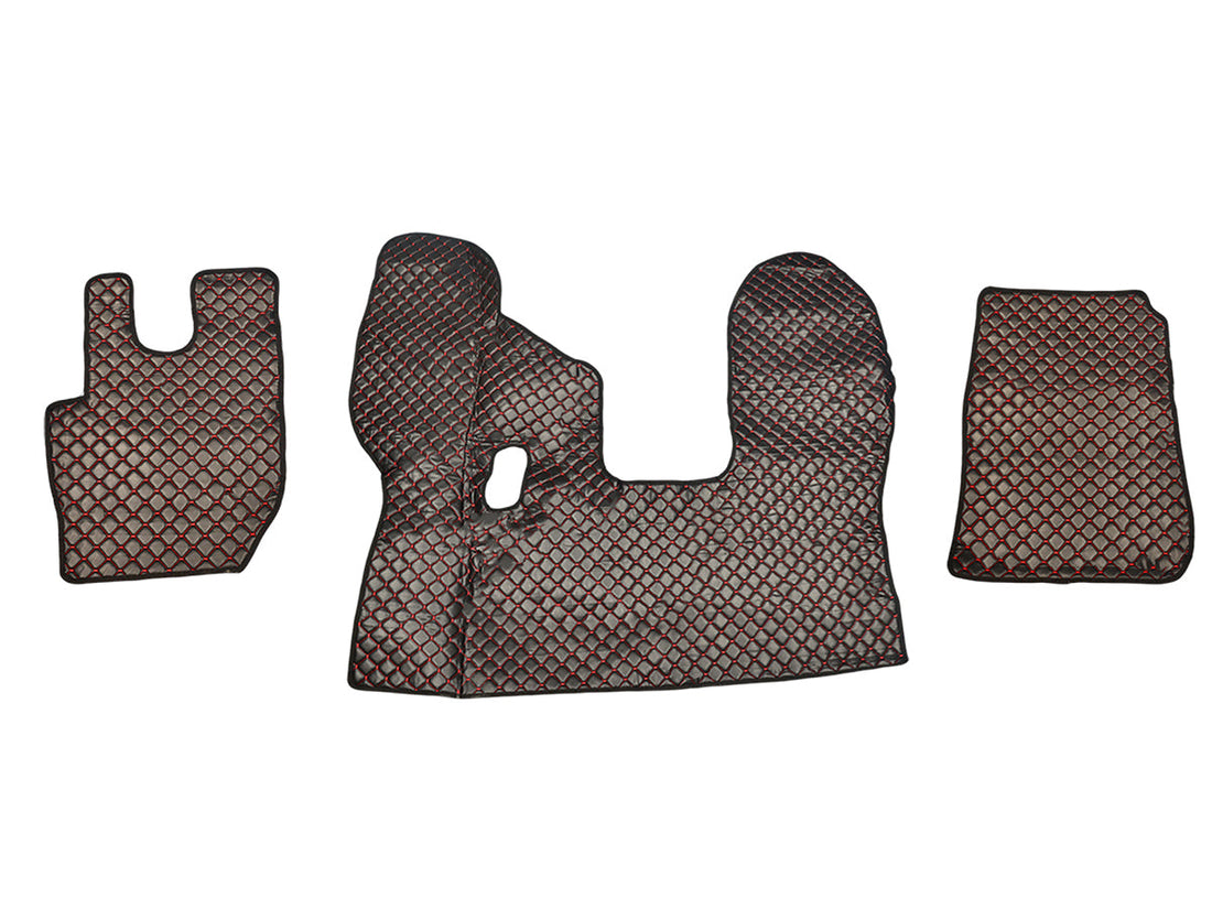 Tapis de sol en cuir – adaptés pour DAF CF Euro 6 boîte manuelle (à partir de 04.2013), noir avec surpiqûres rouges, antidérapants