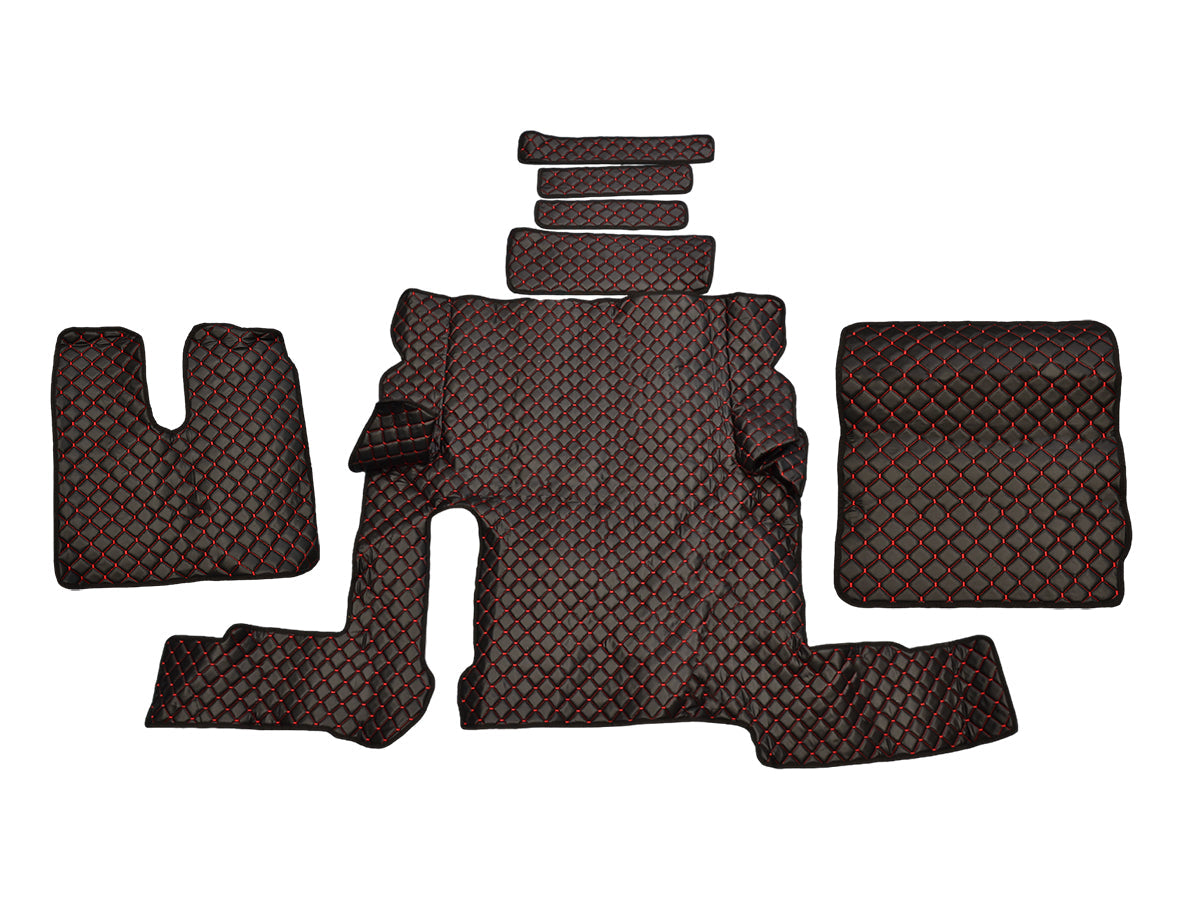 Tapis de sol en cuir – adapté pour MAN TGX Automat (tiroir simple) 2018+, noir avec surpiqûres rouges