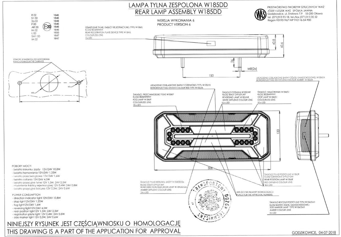 Symmetrische LED-Neon-Heckleuchte, 12/24V, rechts oder links, 306 x 133 x 60 mm, 150 mm Schraubenabstand