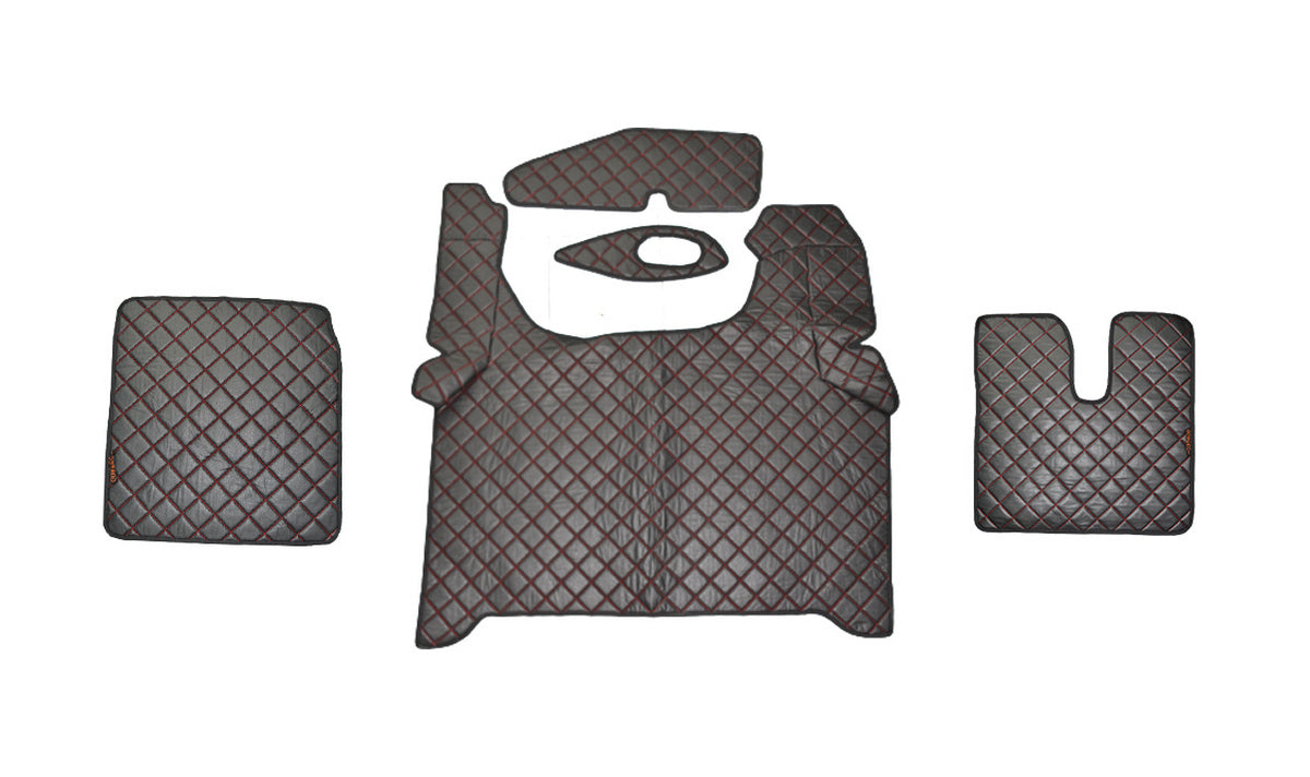 Tapis de sol en cuir synthétique (éco-cuir) noir – adapté pour MAN TGX 2020+, conduite à droite, surpiqûres rouges