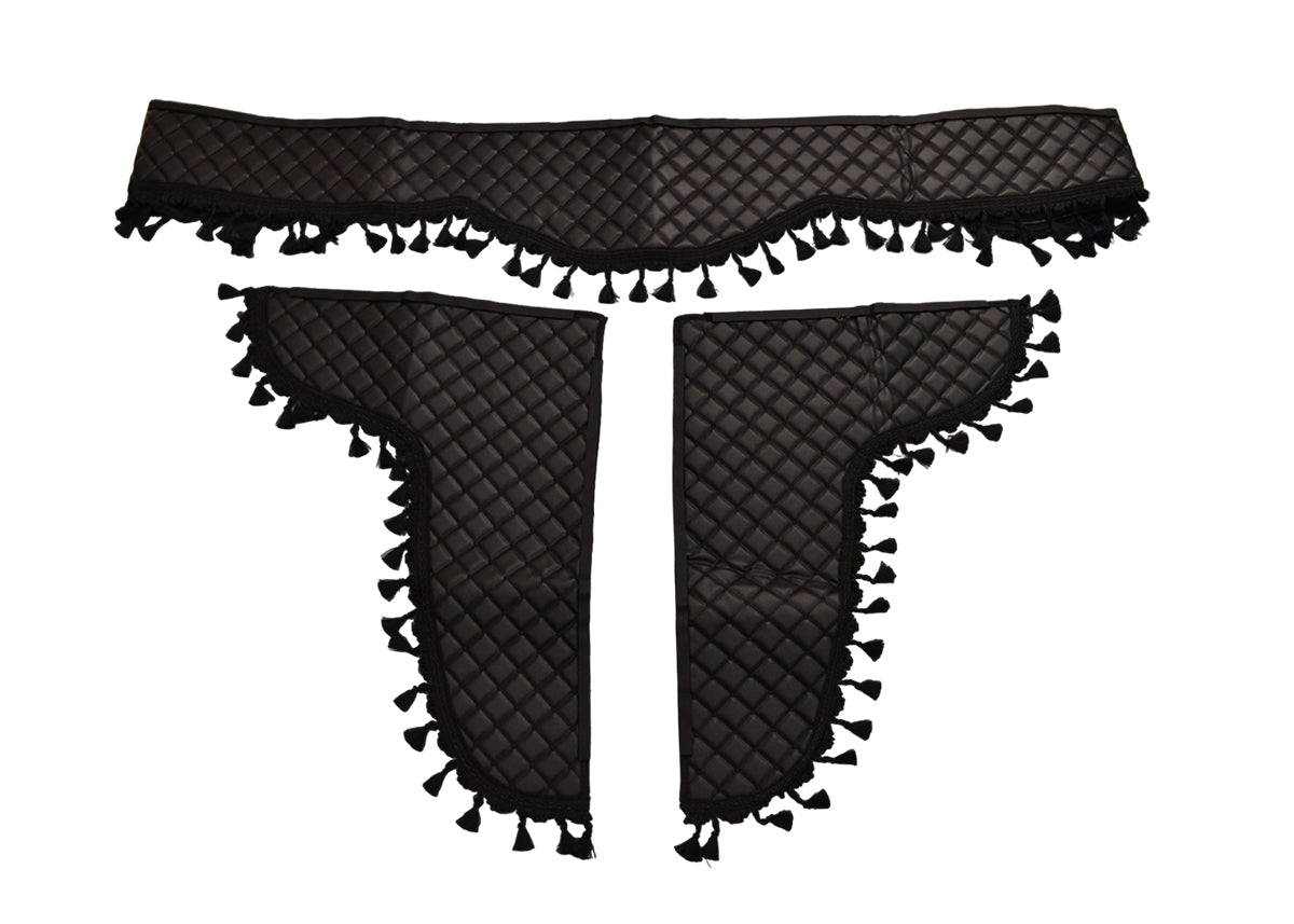 Jeu de rideaux à franges en cuir, 3 pièces noir, 230 cm avant, rideaux latéraux 70 x 50 cm