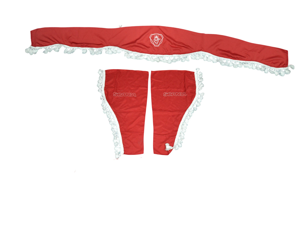 Jeu de rideaux pour camion adapté pour Scania – 3 pièces, rouge avec pompons blancs, emblème