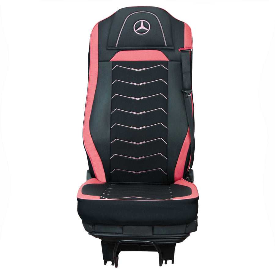 Sitzbezüge – geeignet für Mercedes Euro 7 2021+, Schwarz mit Rot, Leder und Alcantara