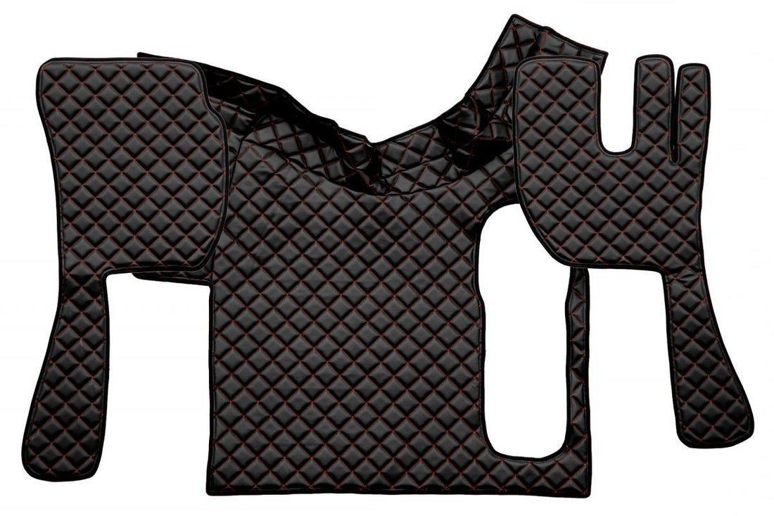 Кожени подови стелки – дясна дирекция, подходящ за Volvo FH12/FH16 (2002–2012), ръчна скоростна кутия, черни с червен шев