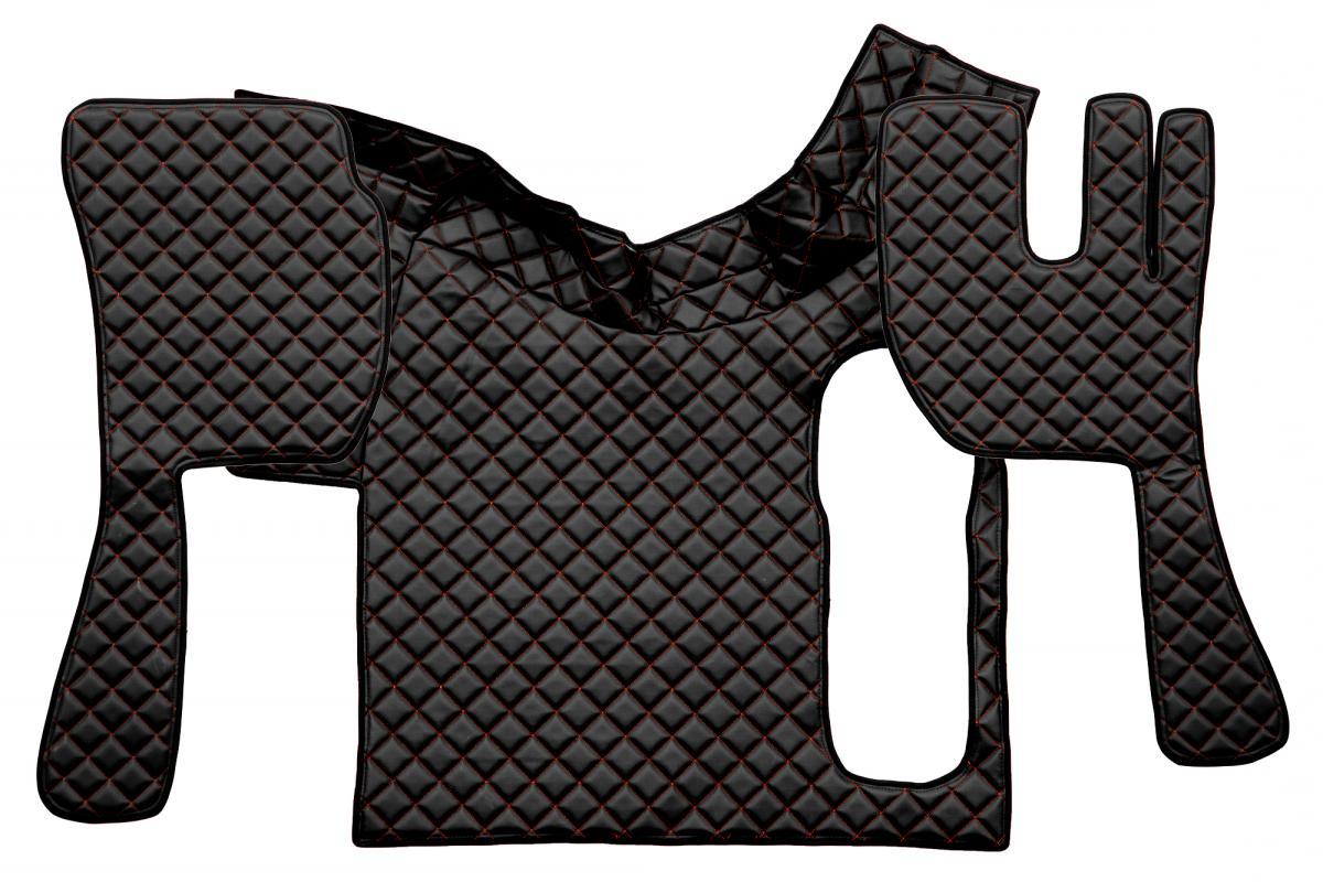 Tapis de sol en cuir – Conduite à droite, adapté pour Volvo FH12/FH16 (2002–2012), boîte manuelle, noir avec surpiqûres rouges