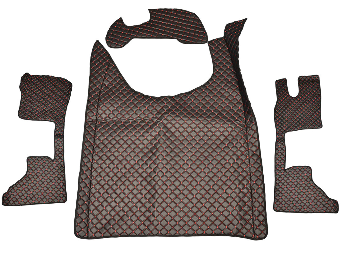 Tapis de sol en cuir synthétique (éco-cuir) noir – adaptés pour DAF XG+ (à partir de 10.2021), surpiqûres rouges, siège passager pneumatique, conduite à droite