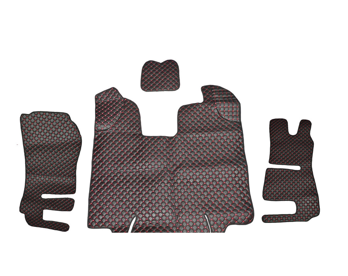 Tapis de sol en cuir synthétique (éco-cuir) noir – adaptés pour Scania R conduite à droite 2013–2016, surpiqûres rouges