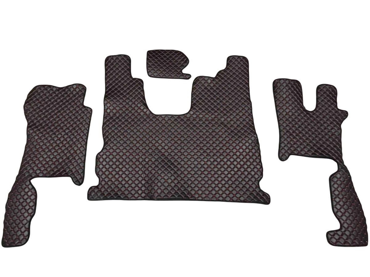 Tapis de sol en cuir synthétique (éco-cuir) noir – adaptés pour Scania R conduite à droite, surpiqûres rouges, 2016+