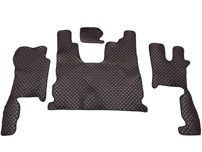 Tapis de sol en cuir synthétique (éco-cuir) noir – adaptés pour Scania R conduite à droite, surpiqûres rouges, 2016+