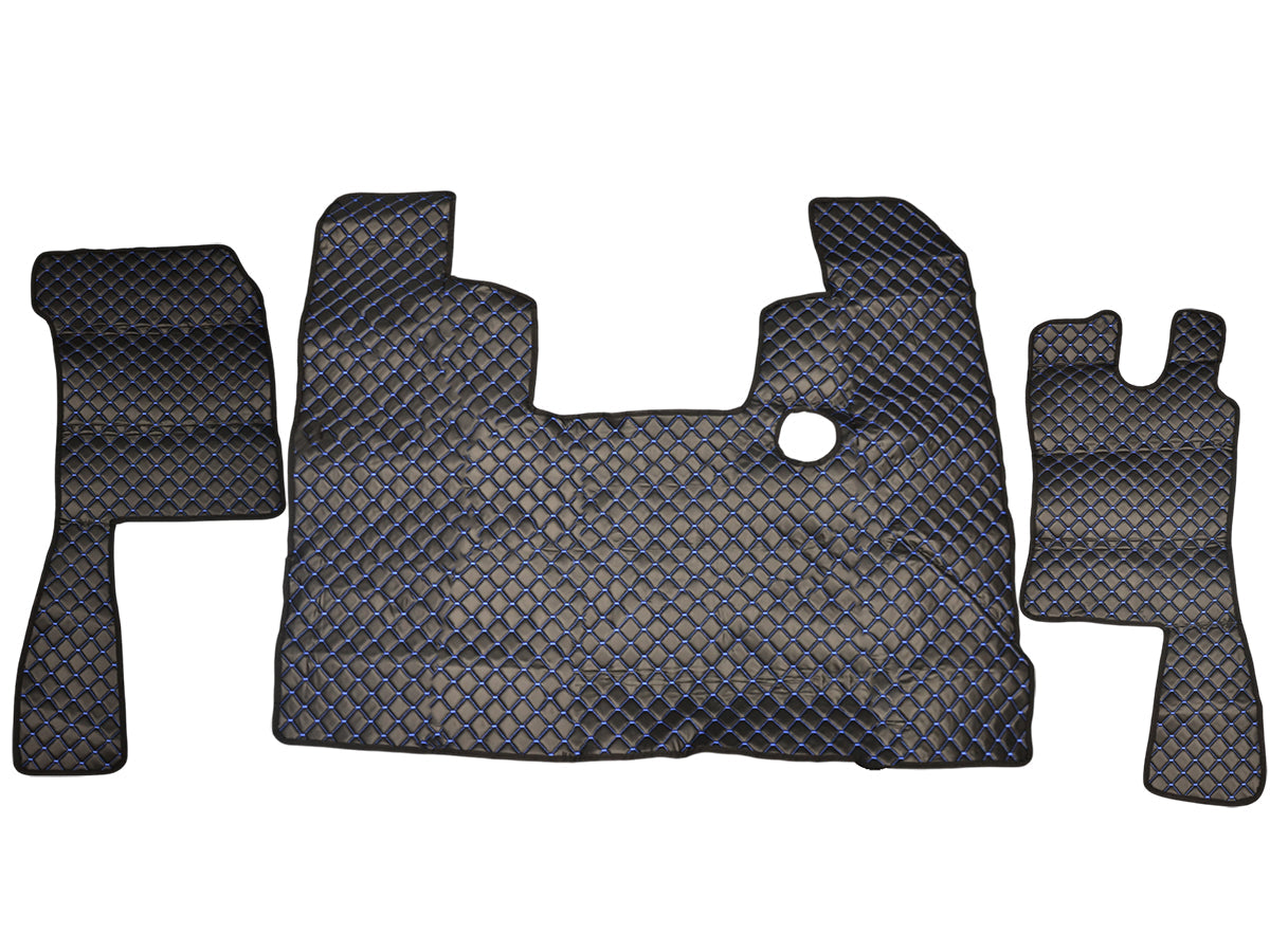 Tapis de sol en cuir pour conduite à droite – adapté pour Scania 4 Series, noir avec surpiqûres bleues, 1995–2004