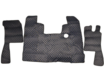Tapis de sol en cuir pour conduite à droite – adapté pour Scania 4 Series, noir avec surpiqûres bleues, 1995–2004