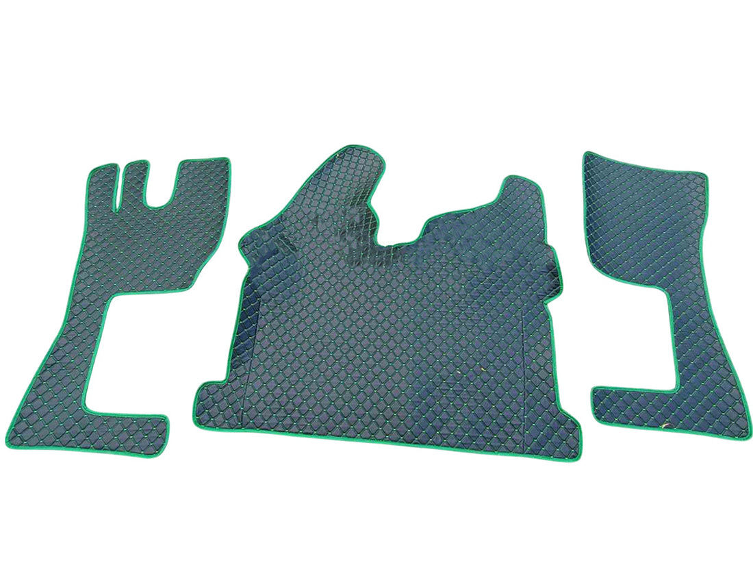 Tapis de sol en cuir synthétique (éco-cuir) noir – surpiqûres vertes, bordure verte, antidérapants, adapté pour Volvo FH 2013+