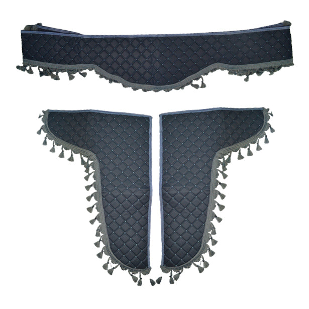 Jeu de rideaux à franges en cuir – 3 pièces pour intérieur gris avec surpiqûres grises