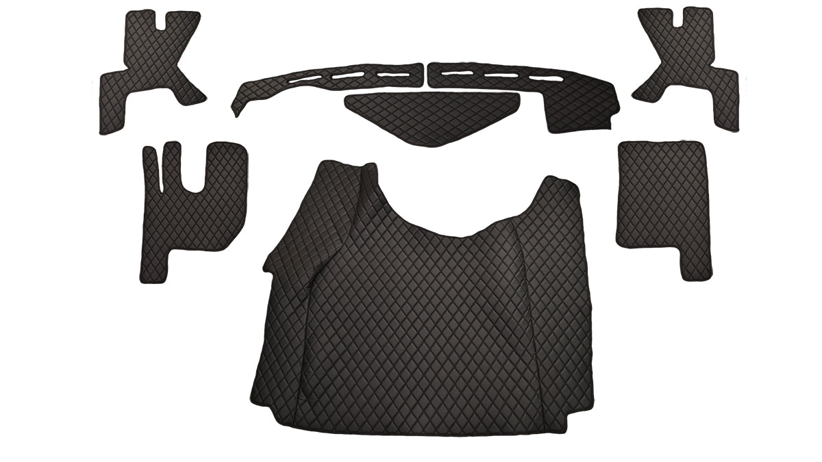 Σετ 7 τεμαχίων πατακιών δαπέδου, πόρτας και ταμπλό – κατάλληλο για Renault Gamma T Tunnel, μαύρο τεχνητό δέρμα (eco leather) με μαύρες ραφές