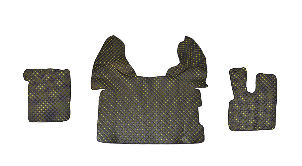 Tapis de sol en cuir synthétique (éco-cuir) noir – Volant à droite, adapté pour DAF 106, surpiqûres jaunes, 2015+