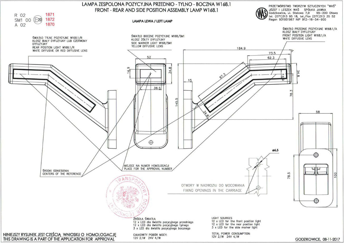 Dreifach-LED-Positionsleuchte Horn, linke Seite, Neon Rot/Weiß/Gelb, 12/24 V