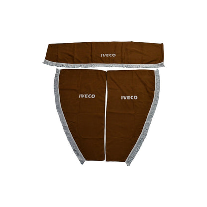 Jeu de rideaux pour camion adapté pour Iveco – 3 pièces, marron avec frange blanche et texte