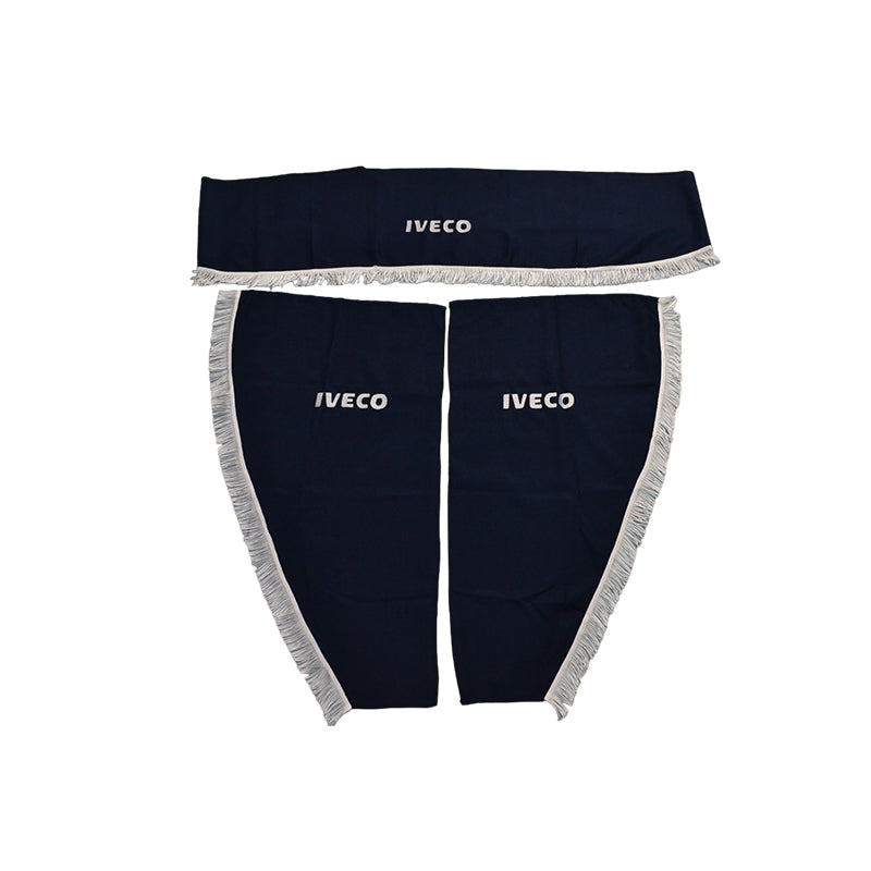 Jeu de rideaux de camion adapté pour Iveco – 3 pièces bleu avec glands blancs et logo
