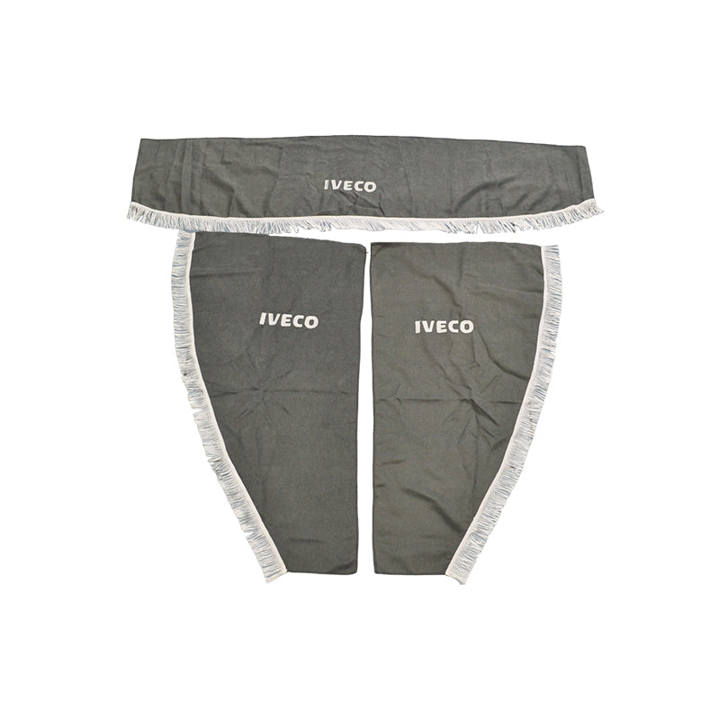 Jeu de rideaux pour camion adapté pour Iveco – 3 pièces, gris avec frange blanche