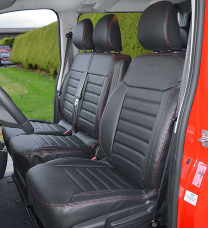 Leather Seat Covers – Black with Red Stitching, suitable for Renault Master and suitable for Opel Movano 2011–2020, 2+1 Seats
