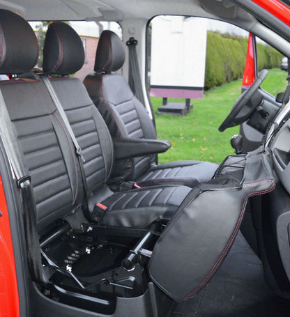 Leather Seat Covers – Black with Red Stitching, suitable for Renault Master and suitable for Opel Movano 2011–2020, 2+1 Seats
