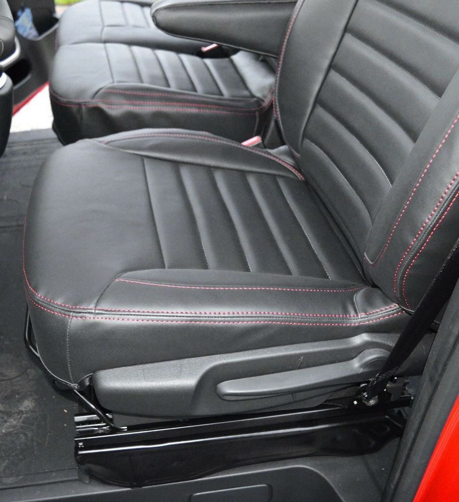 Leather Seat Covers – Black with Red Stitching, suitable for Renault Master and suitable for Opel Movano 2011–2020, 2+1 Seats