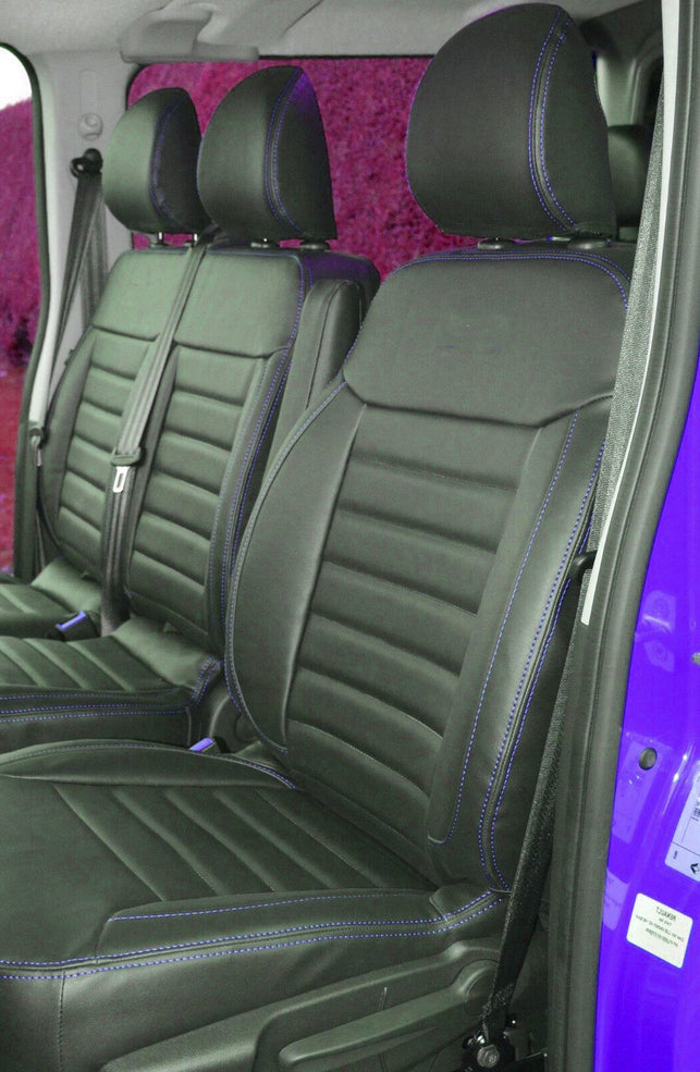 Leather Seat Upholstery – Black with Blue Stitching, suitable for Renault Master and suitable for Opel Movano 2011–2020, 2+1 Seats