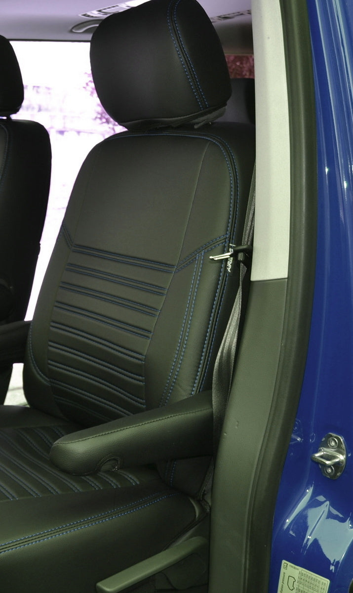 Leather Seat Upholstery – Black with Blue Stitching, suitable for Renault Master and suitable for Opel Movano 2011–2020, 2+1 Seats