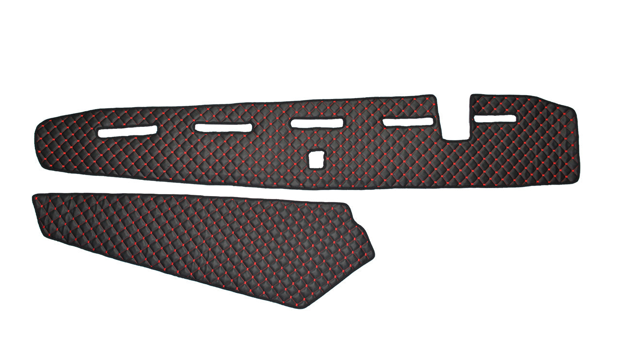 Tapis de tableau de bord en cuir synthétique (éco-cuir) – jeu de 2 pièces, adapté pour Volvo FH4 avec capteur, 2013+, conduite à droite, noir avec surpiqûres rouges