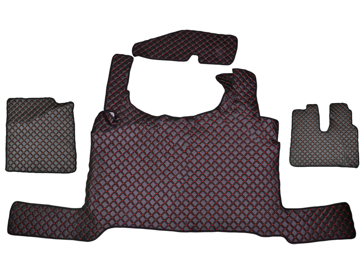 Черни подови стелки от изкуствена кожа (еко кожа) с червен шев, подходящи за MAN TGX (от 03.2021) без ADR подов спирачен педал