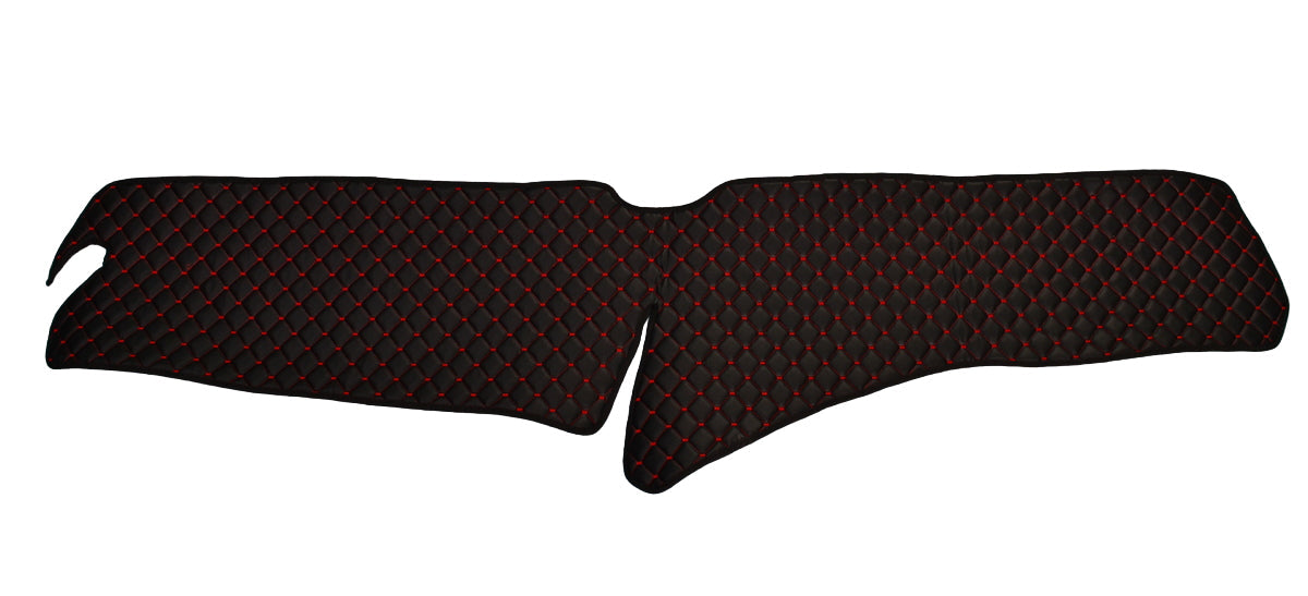 Tapis de tableau de bord – Volant à droite, cuir synthétique (éco-cuir), noir avec surpiqûres rouges, adapté pour Scania R 2017+, sans ouverture