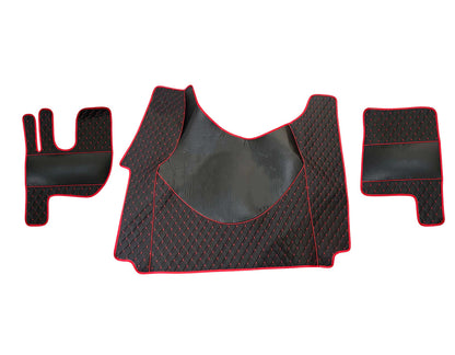 Черни подови стелки от изкуствена кожа (еко кожа) – подходящ за тунела на Renault Gama T, червен шев, гладка и ромбоидна шарка