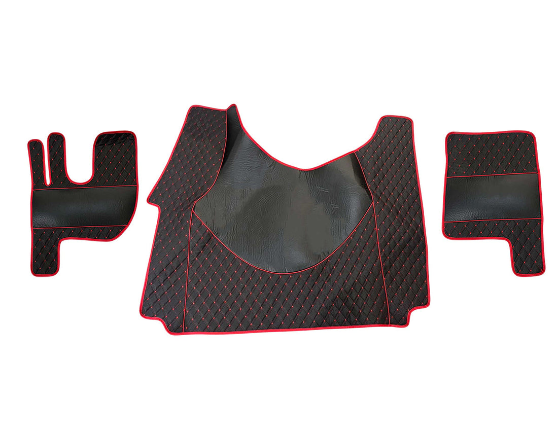 Черни подови стелки от изкуствена кожа (еко кожа) – подходящ за тунела на Renault Gama T, червен шев, гладка и ромбоидна шарка