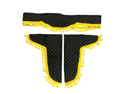 Jeu de rideaux à franges en cuir trois pièces, noir avec surpiqûres et pompons jaunes