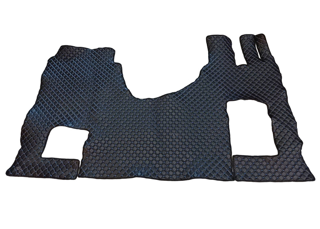 Schwarzer Kunstleder-Fußmattensatz – Rechtslenker, geeignet für Mercedes Actros GigaSpace MP4/MP5, blaue Ziernähte, Klappsitz