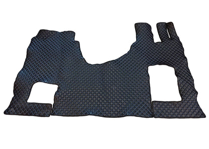 Schwarzer Kunstleder-Fußmattensatz – Rechtslenker, geeignet für Mercedes Actros GigaSpace MP4/MP5, blaue Ziernähte, Klappsitz