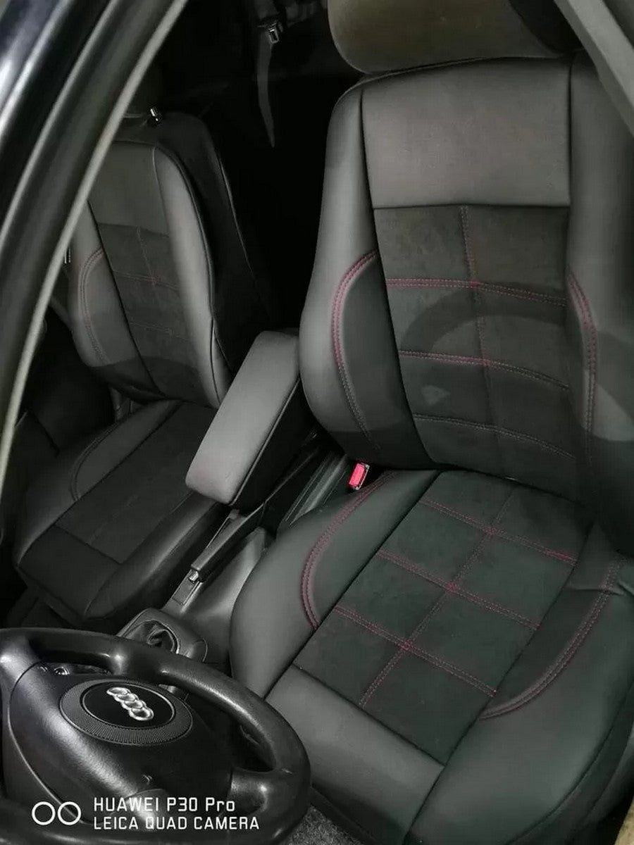 Universal Car Seat Covers – Black Eco Leather and Alcantara with Red Stitching