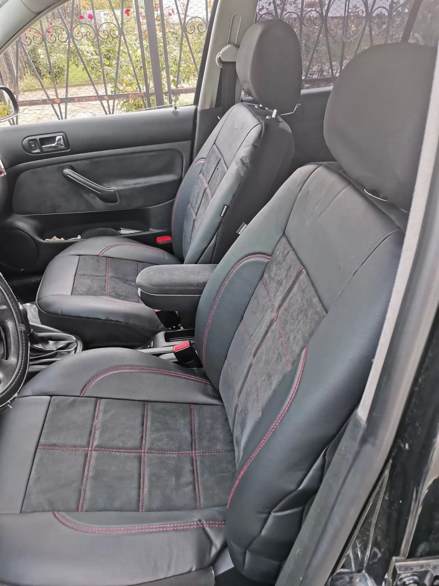 Housses de siège universelles – Cuir synthétique (éco-cuir) noir et Alcantara avec surpiqûres rouges