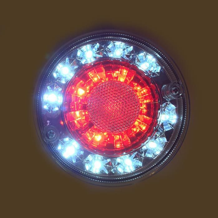 Feu arrière LED type hamburger, rouge/blanc, 24V, diamètre 135 mm