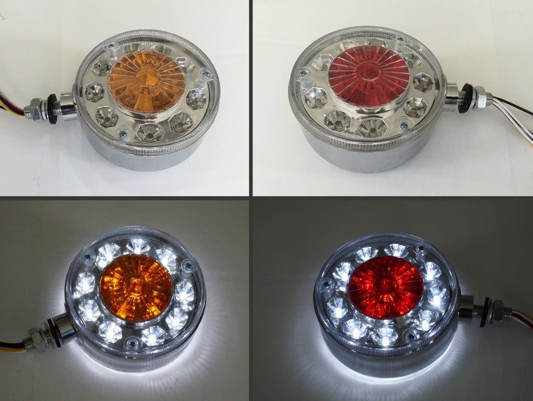 Round LED Truck Light, Chrome, 14 LEDs, 24 V, White/Red/Yellow