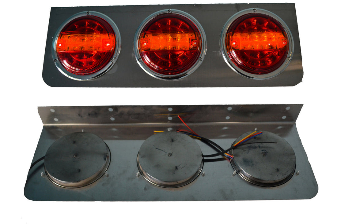 Заден светлинен блок от неръждаема стомана с 3 кръгли LED лампи, 60 × 20 × 6 cm за товарни автомобили и ремаркета