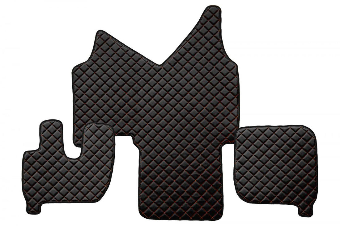 Tapis de sol en cuir pour Iveco Stralis Wide Cab – Noir avec surpiqûres rouges, 2002–2012