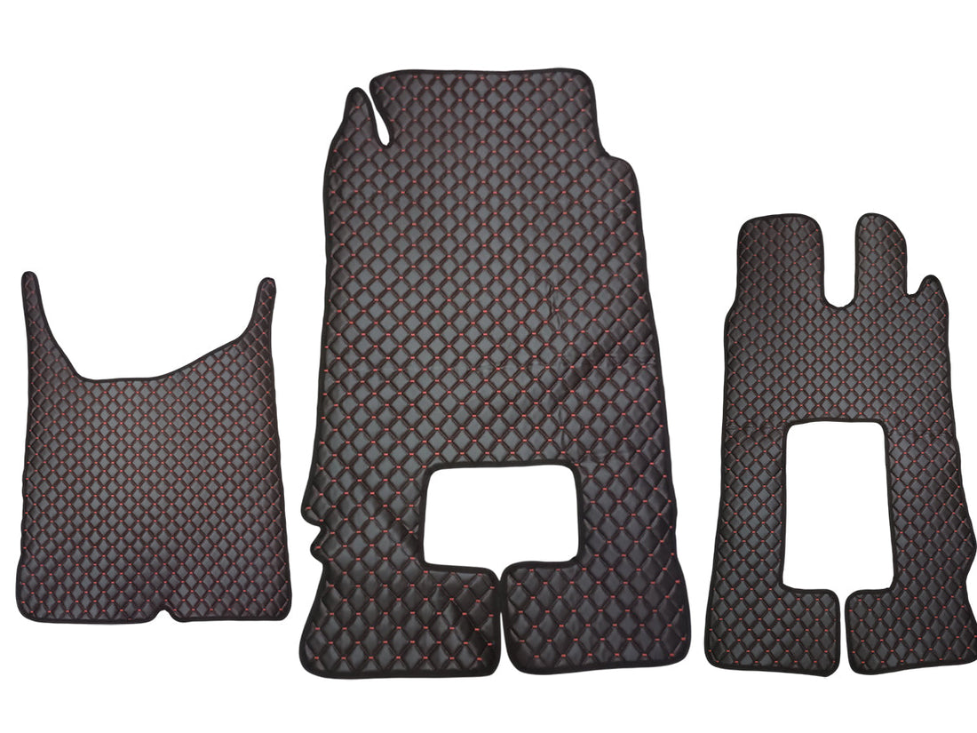 Jeu de tapis de sol en cuir synthétique (éco-cuir) pour conduite à droite – noir, surpiqûres rouges, 3 pièces, adapté pour Mercedes Actros MP4 Tunnel