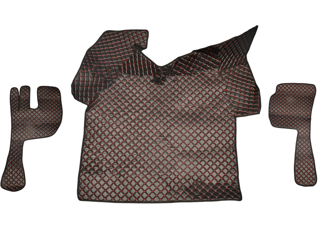 Jeu de tapis de sol en cuir – adapté pour Volvo FH12/FH16 2002–2012, noir avec surpiqûres rouges, antidérapant