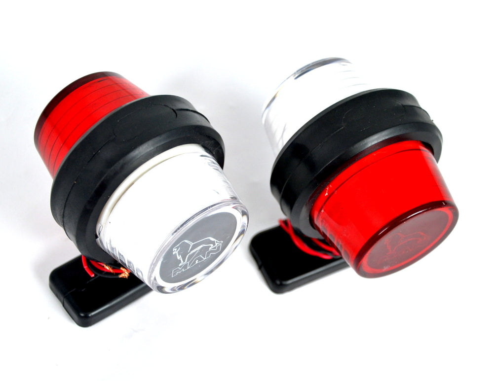 Неонова габаритна лампа – тип къс рог, червено/бяло, подходящ за MAN лого, 12/24V, 110 x 90 mm